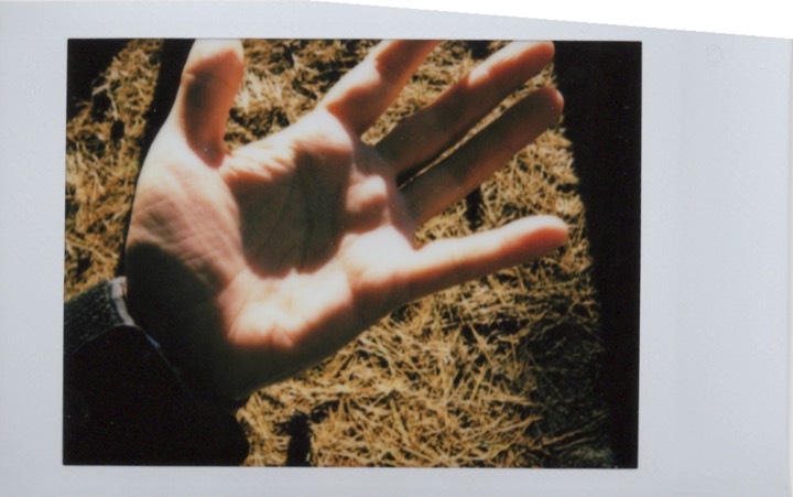 Close-up of an open hand photographed on Polaroid
