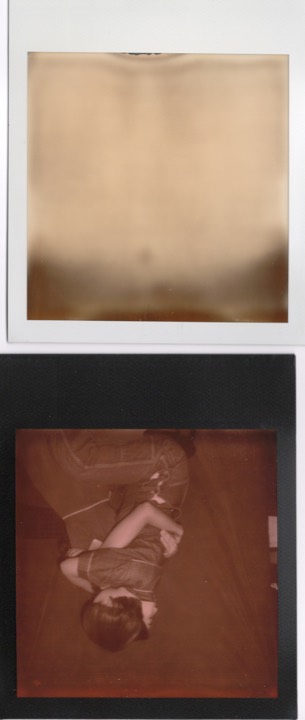 Layered instant photographs including an upside-down reclining figure