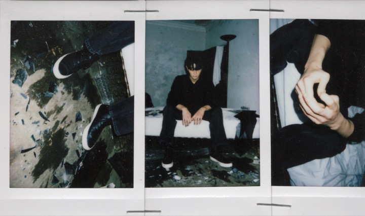 Triptych Polaroid of a dark room with broken glass, a seated figure, and a hand