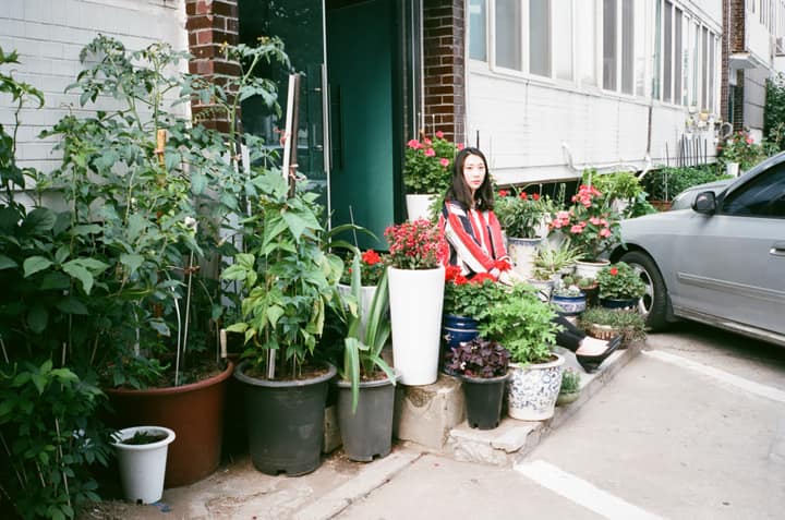 Woman sitting among plants on a narrow street